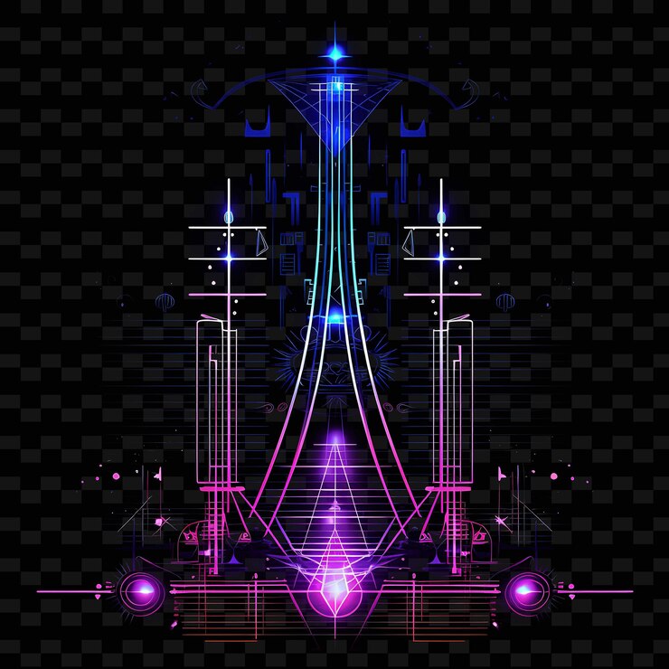 PSD art deco steampunk neon light traces radio towers deep purple shape y2k neon light colecciones de arte que se encuentran en el centro de la ciudad.