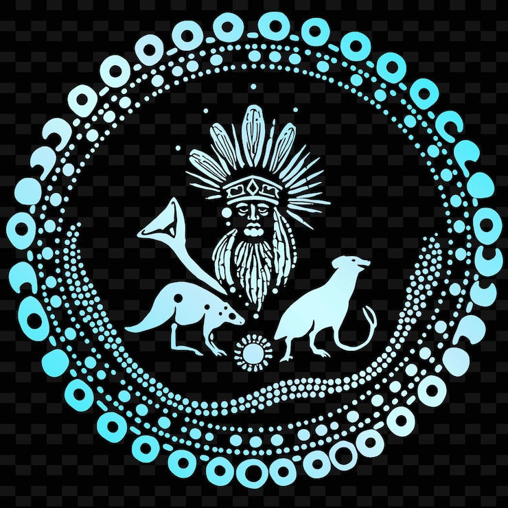 PSD art design of aboriginal australian inspired with dot painting and wave border central depiction