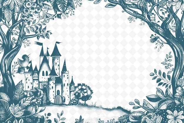 PSD art du cadre de conte de fées avec château et créatures magiques décoration illustration art du cadre décoratif