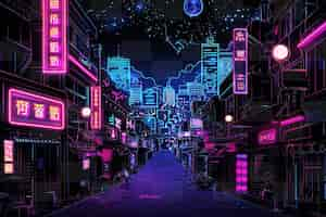 PSD art du cadre cyberpunk avec des panneaux au néon et un décor futuriste de ville déco y2k