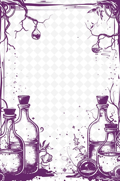 PSD art du cadre de laboratoire d'alchimistes png avec des bouteilles de potions et une illustration de myst art du cadre décoratif