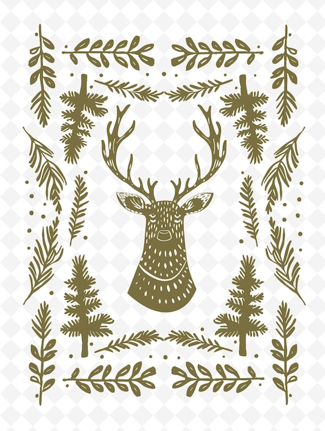 PSD art du cadre scandinave avec des décorations de cerfs et de pins b illustration art du cadre décoratif