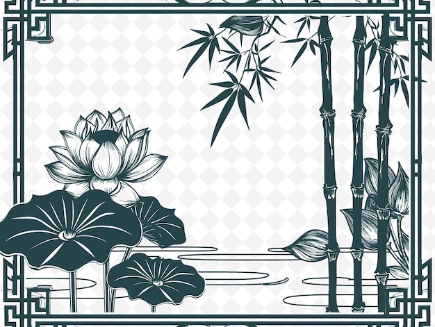 PSD art du cadre zen avec des décorations de fleurs de lotus et de bambou borde illustration art du cadre décoratif