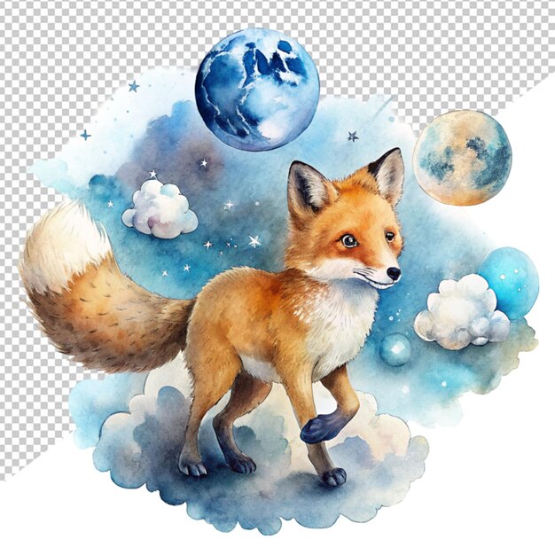 PSD art à l'eau mignon d'un renard sur un fond transparent