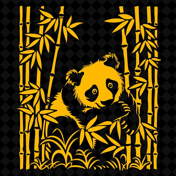 PSD art folklorique du panda png avec des pousses de bambou et des symboles chinois pour la décoration du cadre de contour de déillustration