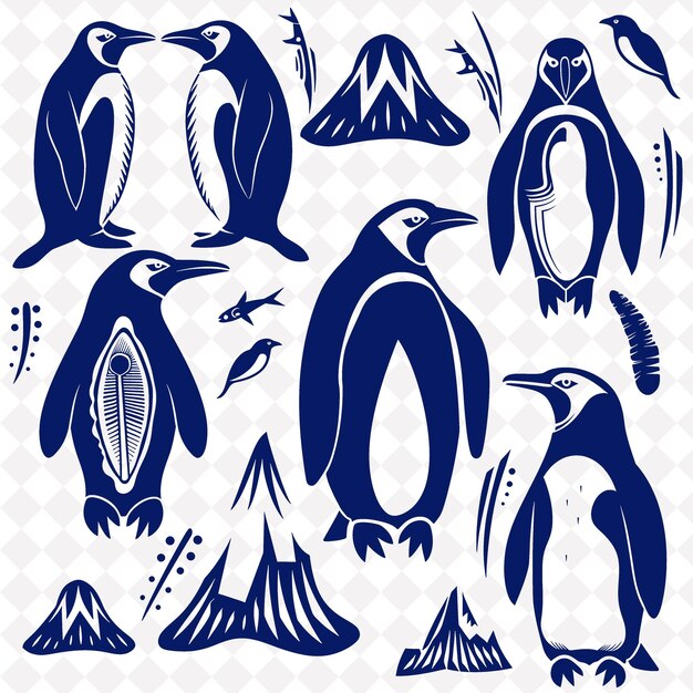 PSD art folklorique du pingouin png avec des icebergs et des éléments antarctiques pour la décoration du cadre d'illustration