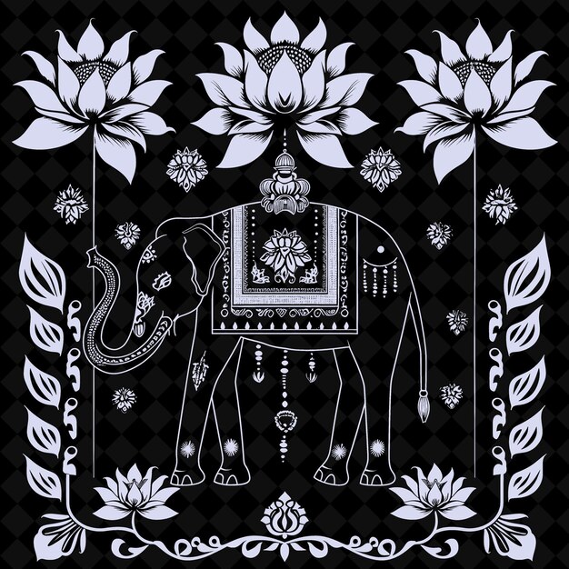 PSD art folklorique de l'éléphant avec des fleurs de lotus et des motifs indiens pour la collection de cadres artistiques creative outline d