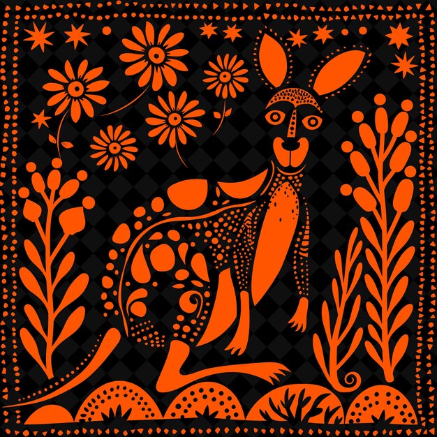 PSD art folklorique kangourou png avec des motifs aborigènes et une illustration australienne wi décor du cadre de contour