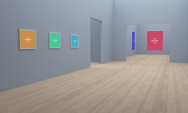 Art gallery frames muckup 3d-illustration und 3d-rendering-eckansicht auf grauen wänden