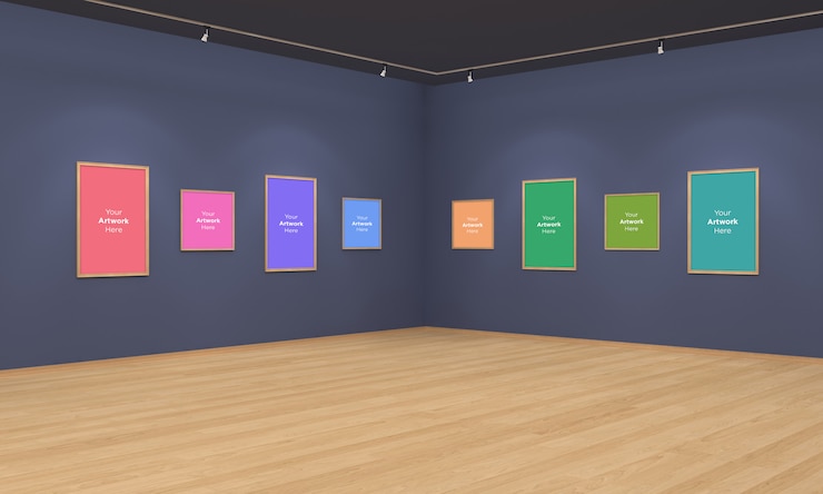 PSD art gallery frames muckup illustration 3d et vue d'angle de rendu 3d avec spots