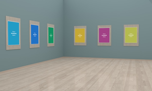 Art Gallery Frames Muckup Ilustración 3D y vista de esquina de renderizado 3D