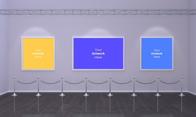 Art Gallery trois cadres Muckup Illustration 3D et rendu 3D