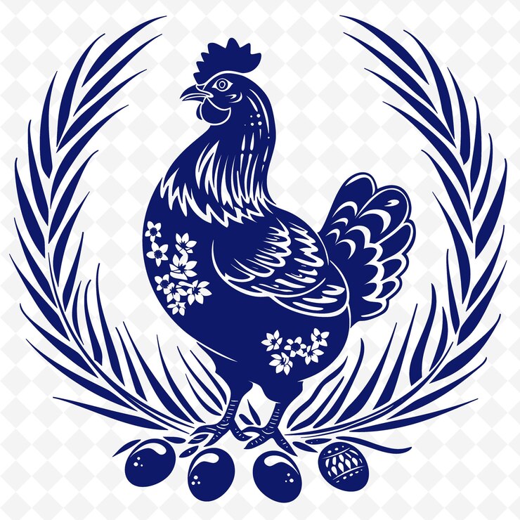 PSD art de la ligne de poulet avec des œufs et des tiges de blé pour les décorations outline arts du griffon décor de la nature