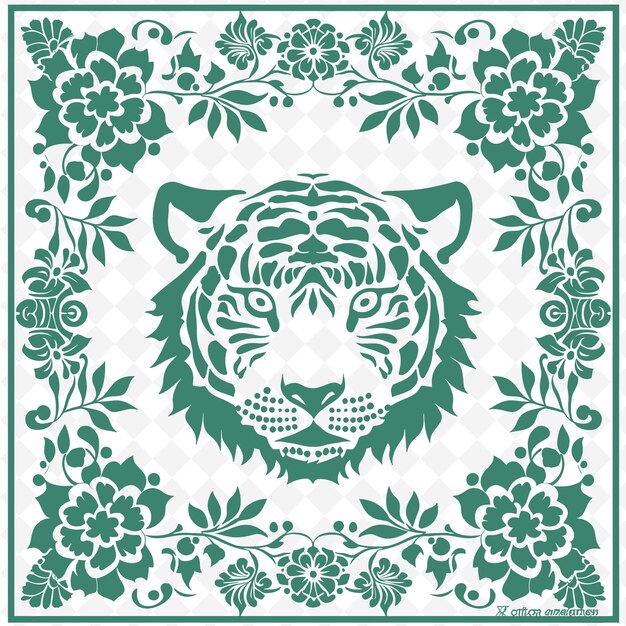 Art De Ligne De Tigre Avec Des Fleurs Asiatiques Et De La Calligraphie Pour Les Collections De Griffonnages De Contours Créatifs De Decora