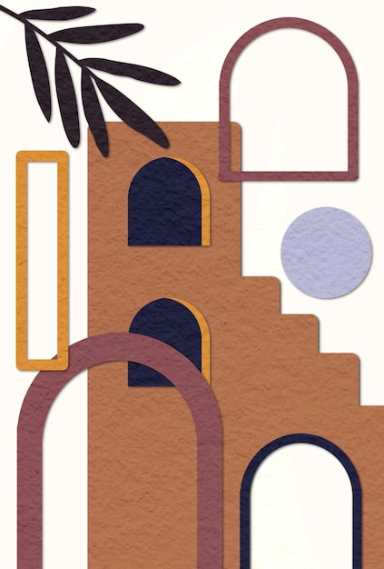 Art mural avec des illustrations de bâtiments vintage et des formes géométriques abstraites en couleurs monochromes