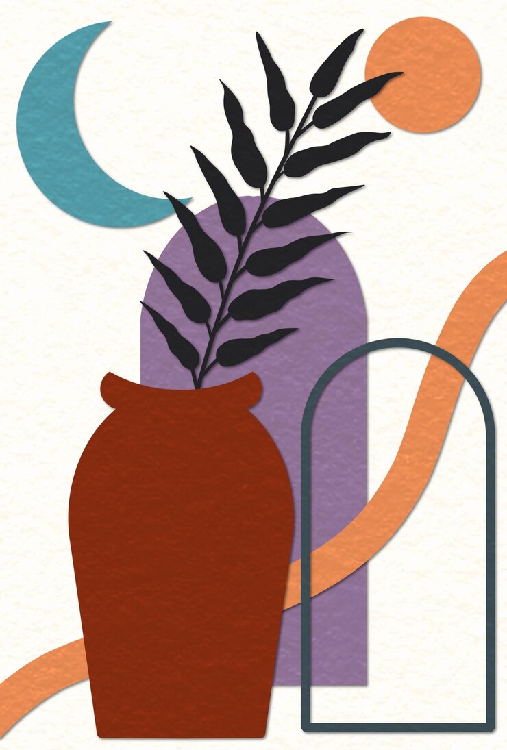 PSD art mural avec des illustrations de plantes dans des vases et des éléments de forme géométrique abstraite