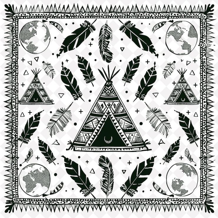 PSD art populaire bohémien avec des motifs ethniques et des plumes pour la décoration traditionnelle décorative de cadre unique