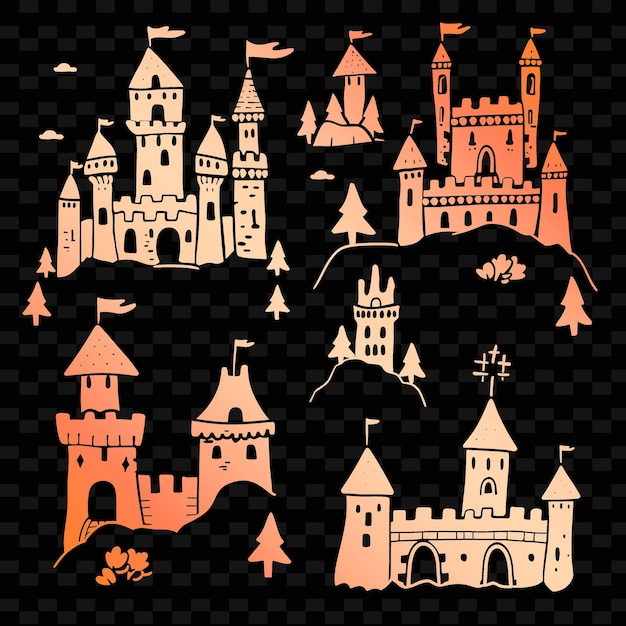 PSD art populaire du château médiéval avec motif de pierre et illustration de chevalier detai collection de motifs de décoration
