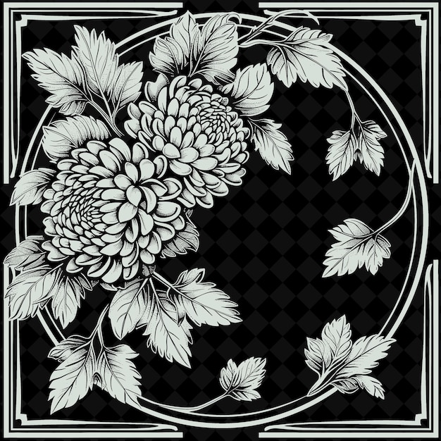 PSD art populaire du chrysanthème avec des pétales et des feuilles pour la décoration collection de cadres artistiques de contours créatifs