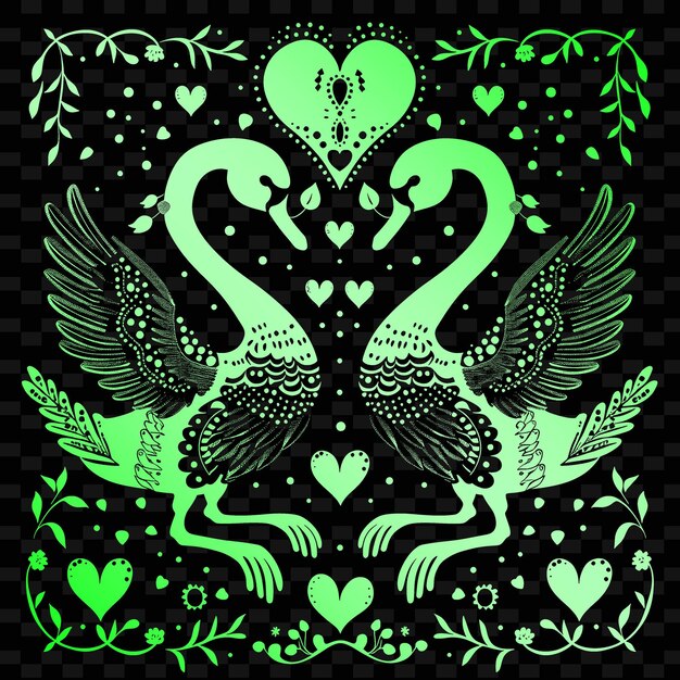 PSD art populaire romantique du cygne avec motif de plume et détail de cœur illustration collection de motifs de décoration