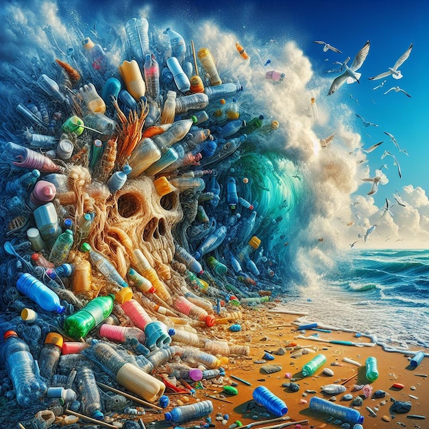 PSD art vectoriel hyper-réaliste déchets marins pollution plastique décharge de mer ordures climat laid