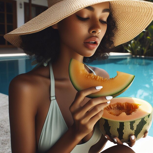 PSD art vectoriel hyper réaliste jeune femme jeune fille en piscine au bain de soleil melon isolé sur fond blanc