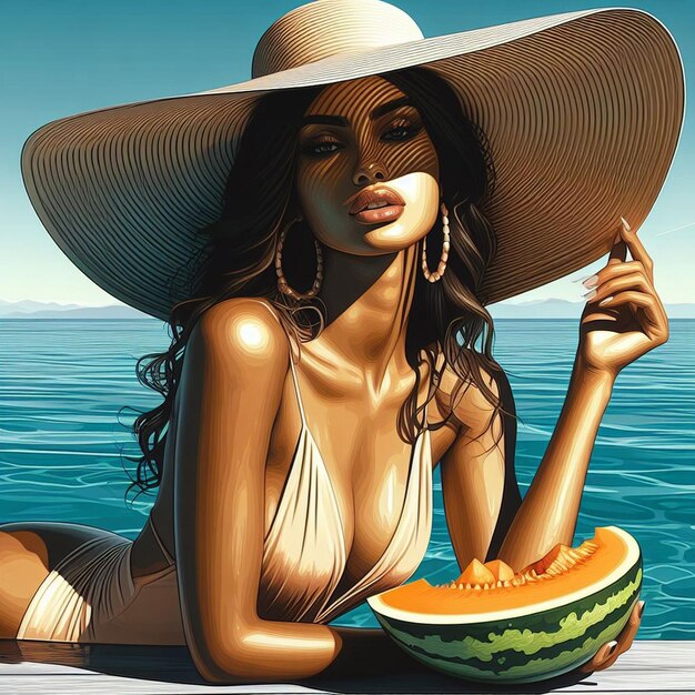 PSD art vectoriel hyper réaliste jeune femme jeune fille en piscine au bain de soleil melon isolé sur fond blanc