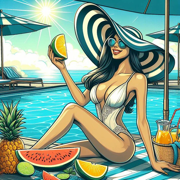 PSD art vectoriel hyper réaliste jeune femme jeune fille en piscine au bain de soleil melon isolé sur fond blanc