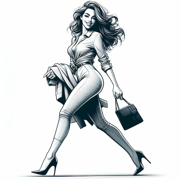 PSD art vectoriel hyper-réaliste jeune femme à la mode femme d'affaires marche isolée sur fond blanc