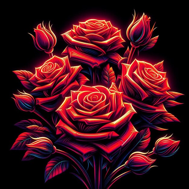 PSD art vectoriel hyper réaliste à la mode bouquet rouge festif roses de couleur néon fleurs isolées noires