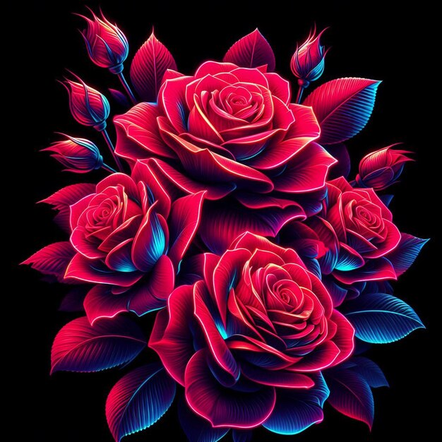 Art Vectoriel Hyper Réaliste à La Mode Bouquet Rouge Festif Roses De Couleur Néon Fleurs Isolées Noires