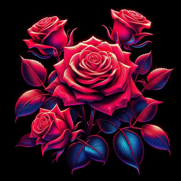 PSD art vectoriel hyper réaliste à la mode bouquet rouge festif roses de couleur néon fleurs isolées noires