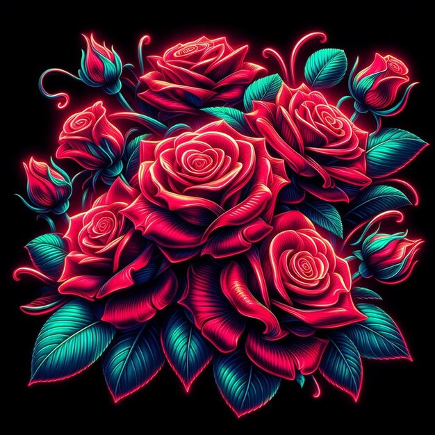 Art Vectoriel Hyper Réaliste à La Mode Bouquet Rouge Festif Roses De Couleur Néon Fleurs Isolées Noires