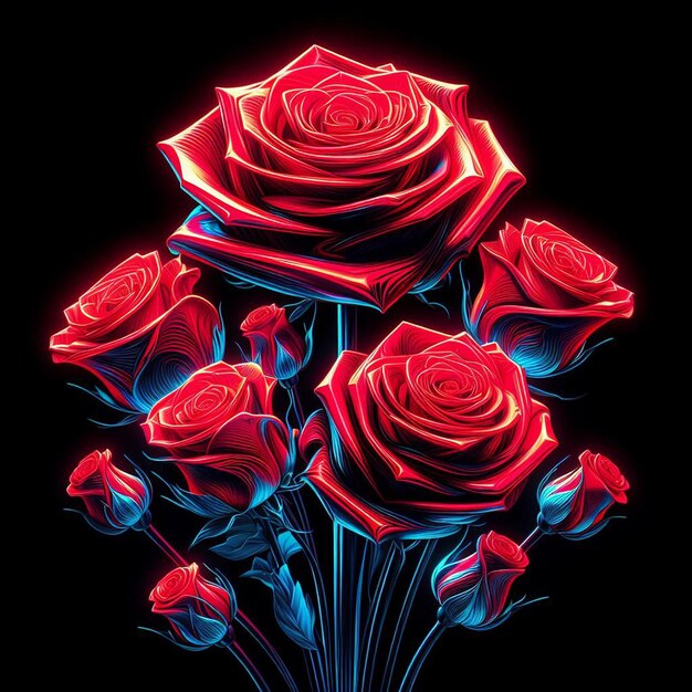 Art Vectoriel Hyper Réaliste à La Mode Bouquet Rouge Festif Roses De Couleur Néon Fleurs Isolées Noires