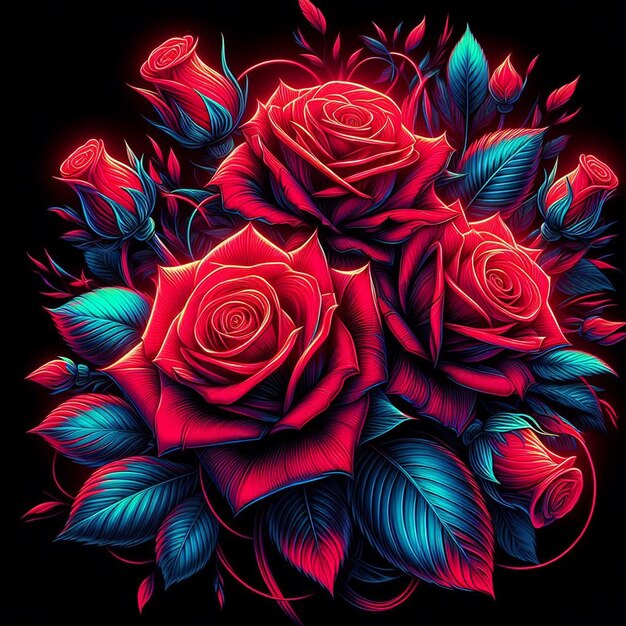 PSD art vectoriel hyper réaliste à la mode bouquet rouge festif roses de couleur néon fleurs isolées noires