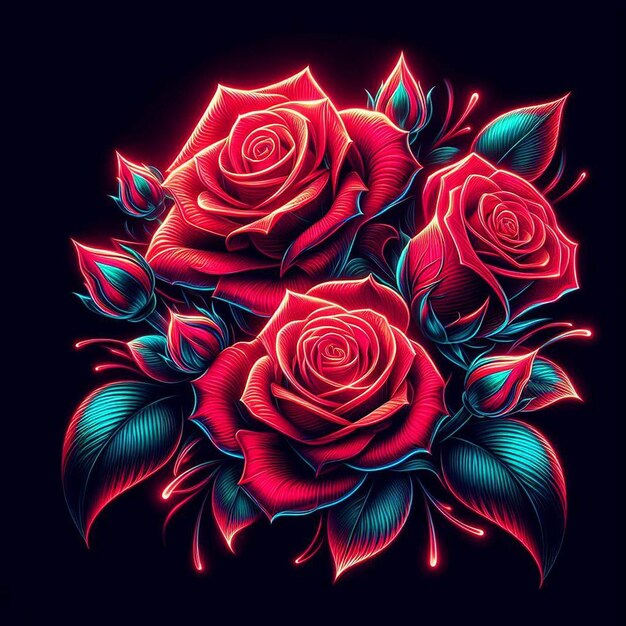 Art Vectoriel Hyper Réaliste à La Mode Bouquet Rouge Festif Roses De Couleur Néon Fleurs Isolées Noires