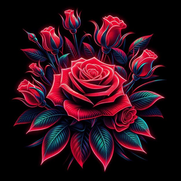 PSD art vectoriel hyper réaliste à la mode bouquet rouge festif roses de couleur néon fleurs isolées noires