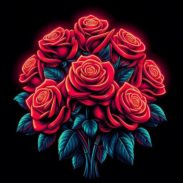 PSD art vectoriel hyper réaliste à la mode bouquet rouge festif roses de couleur néon fleurs isolées noires