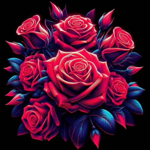 Art Vectoriel Hyper Réaliste à La Mode Bouquet Rouge Festif Roses De Couleur Néon Fleurs Isolées Noires