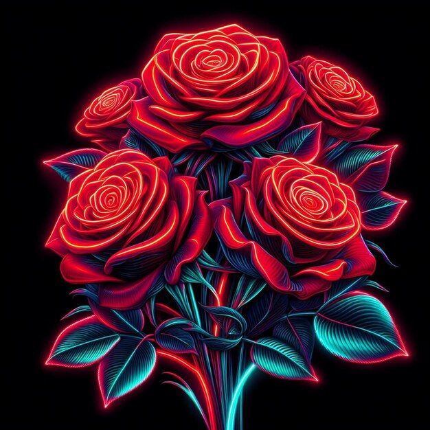 PSD art vectoriel hyper réaliste à la mode bouquet rouge festif roses de couleur néon fleurs isolées noires