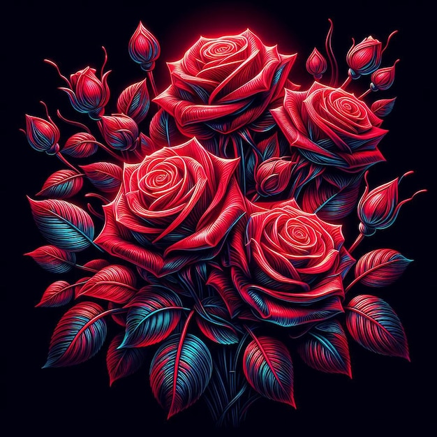 Art Vectoriel Hyper Réaliste à La Mode Bouquet Rouge Festif Roses De Couleur Néon Fleurs Isolées Noires