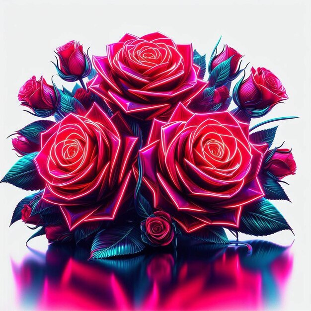 PSD art vectoriel hyper réaliste à la mode bouquet rouge festif roses de couleur néon fleurs isolées noires