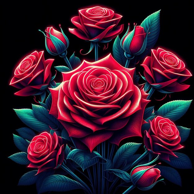 PSD art vectoriel hyper réaliste à la mode bouquet rouge festif roses de couleur néon fleurs isolées noires