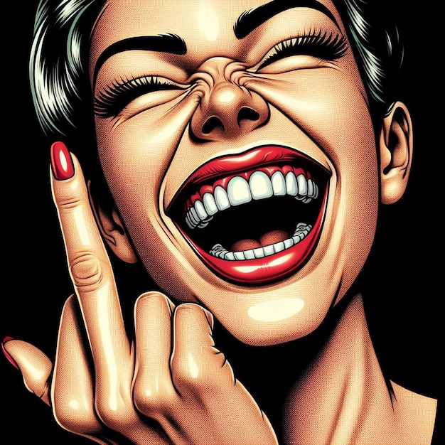 PSD art vectoriel hyper réaliste rire méchant sourire chanceux femme femme montre le doigt du milieu puant
