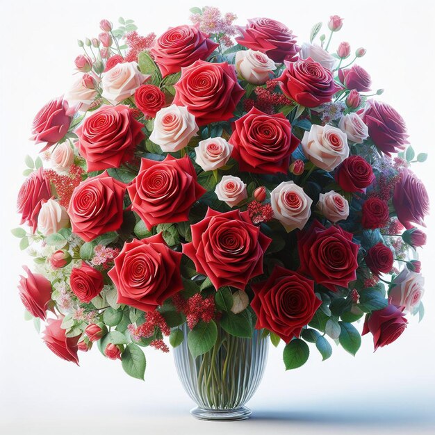 PSD art vectoriel hyperréaliste bouquet de la saint-valentin roses rouges fleurs vase fond blanc isolé