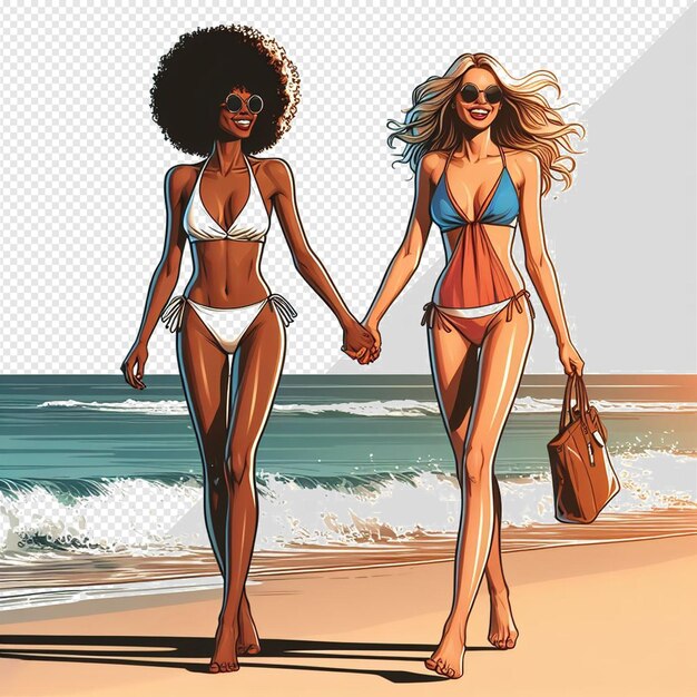 Art Vectoriel Hyperréaliste Illustration De La Diversité Féminine Fraternité Amitié Plage Coucher De Soleil Océan