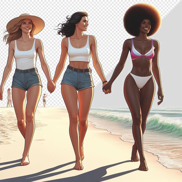 PSD art vectoriel hyperréaliste illustration de la diversité féminine fraternité amitié plage coucher de soleil océan