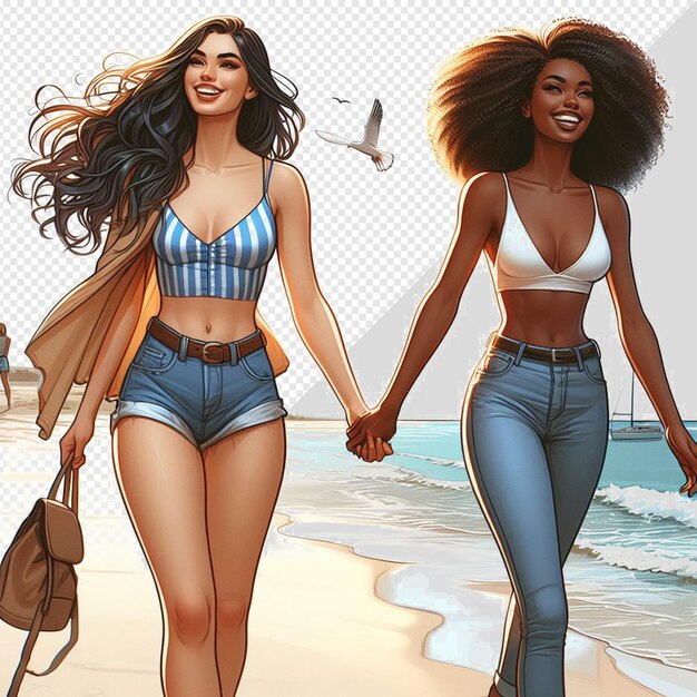 PSD art vectoriel hyperréaliste illustration de la diversité féminine fraternité amitié plage coucher de soleil océan