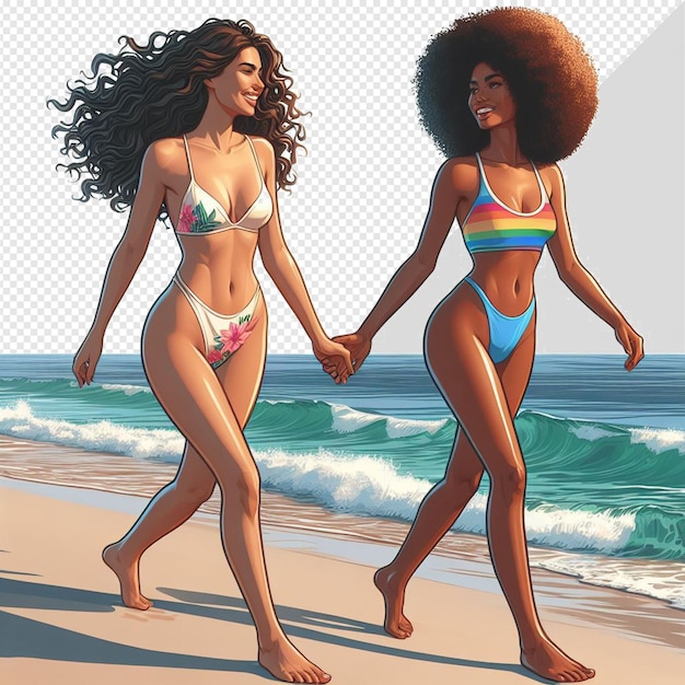 PSD art vectoriel hyperréaliste illustration de la diversité féminine fraternité amitié plage coucher de soleil océan