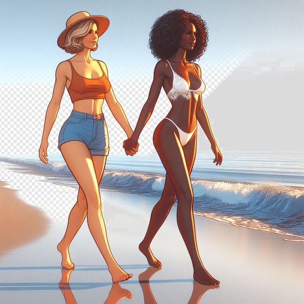 Art Vectoriel Hyperréaliste Illustration De La Diversité Féminine Fraternité Amitié Plage Coucher De Soleil Océan